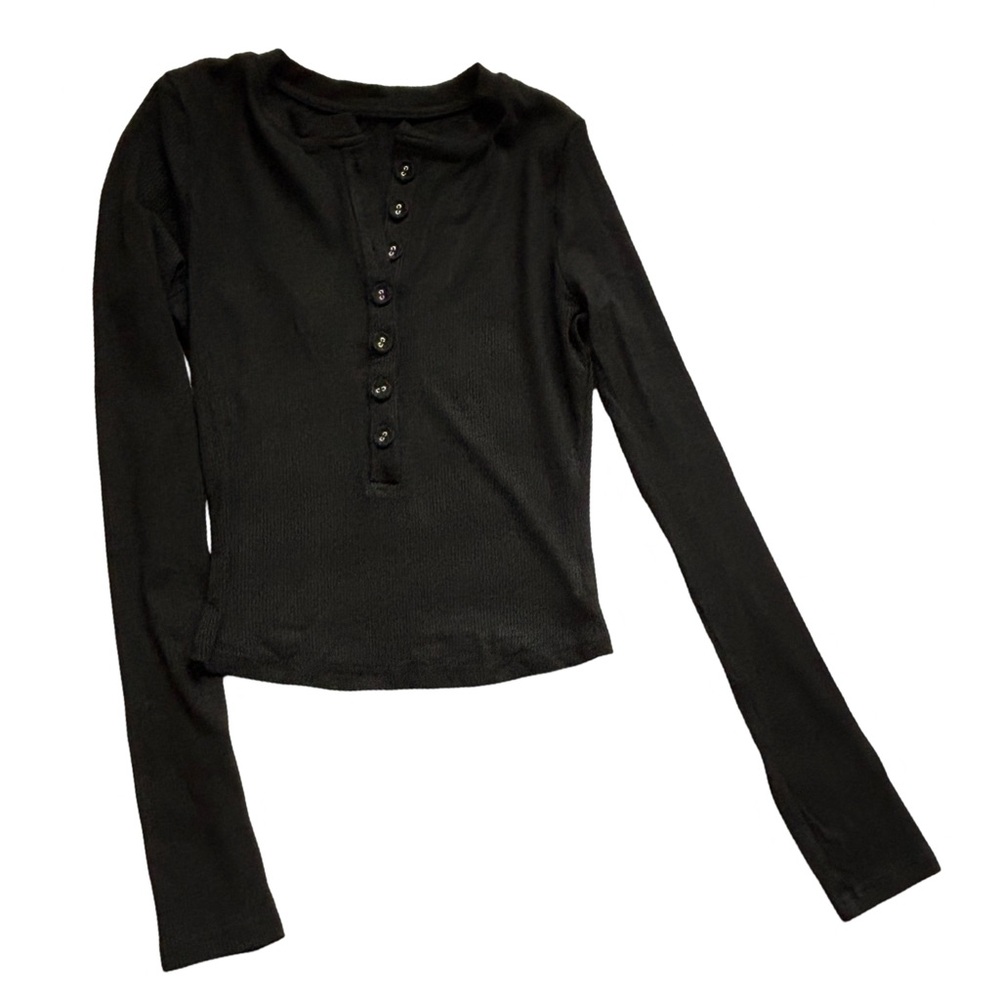 Commense Black Ribbed Henley Top M NWT